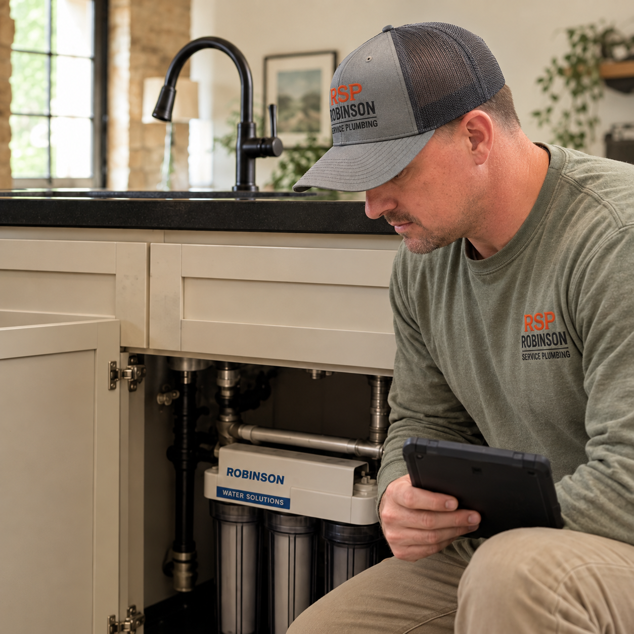 Water specialist explaining a residential water quality report and filtration options to a homeowner