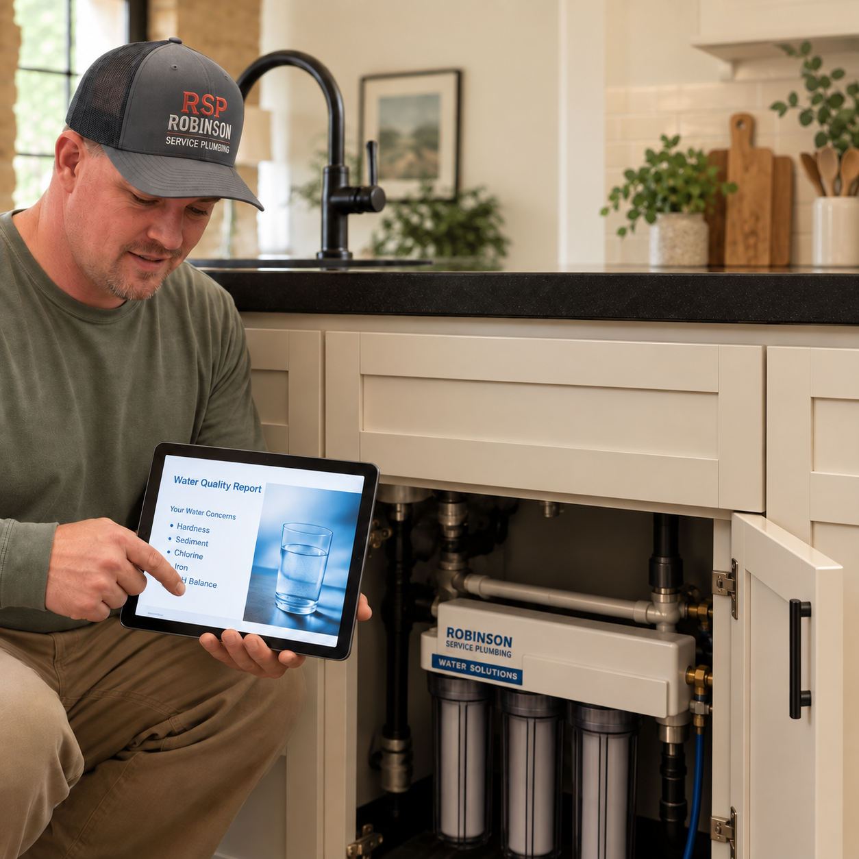 Robinson Service Plumbing specialist reviewing water quality results and treatment recommendations with a homeowner