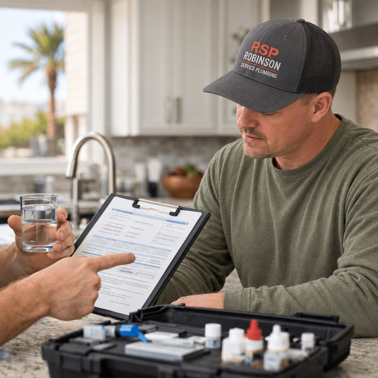 Water specialist reviewing residential water test results and treatment recommendations with a homeowner